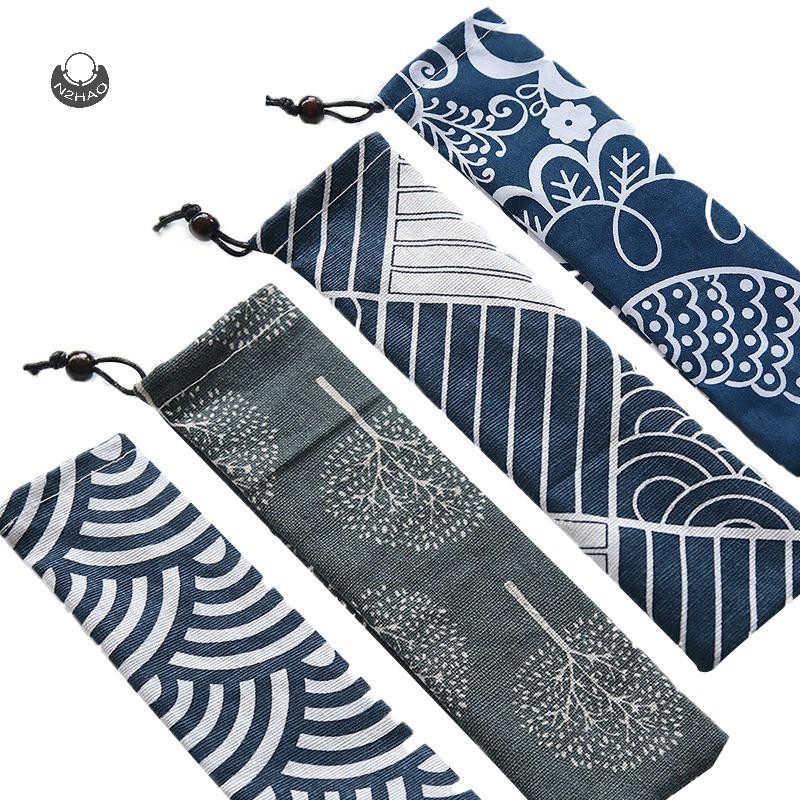 N2hao Túi dao kéo phong cách Nhật Bản Túi dây rút du lịch có thể tái sử dụng cho bộ đồ ăn nhà bếp Nĩa, Thìa, Đũa tre, Bàn chải làm sạch QZZ