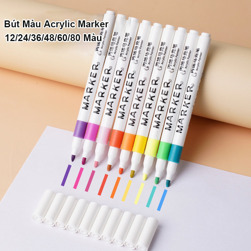 Bút Màu Acrylic Marker 12/24/36/48/60/80 Cao Cấp Màu Sắc Tươi Sáng - Bút Lông Màu