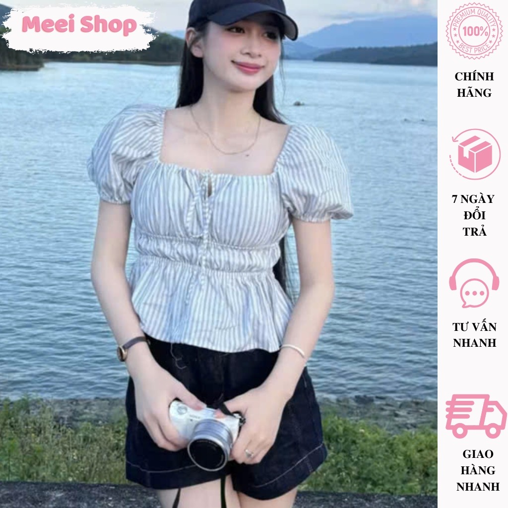 Áo Kiểu Cổ Vuông Babydoll Tay Phồng Linen Thắt Dây Ngực Bo Chun, Áo Nữ Ngắn Tay MEEI SHOP-D3
