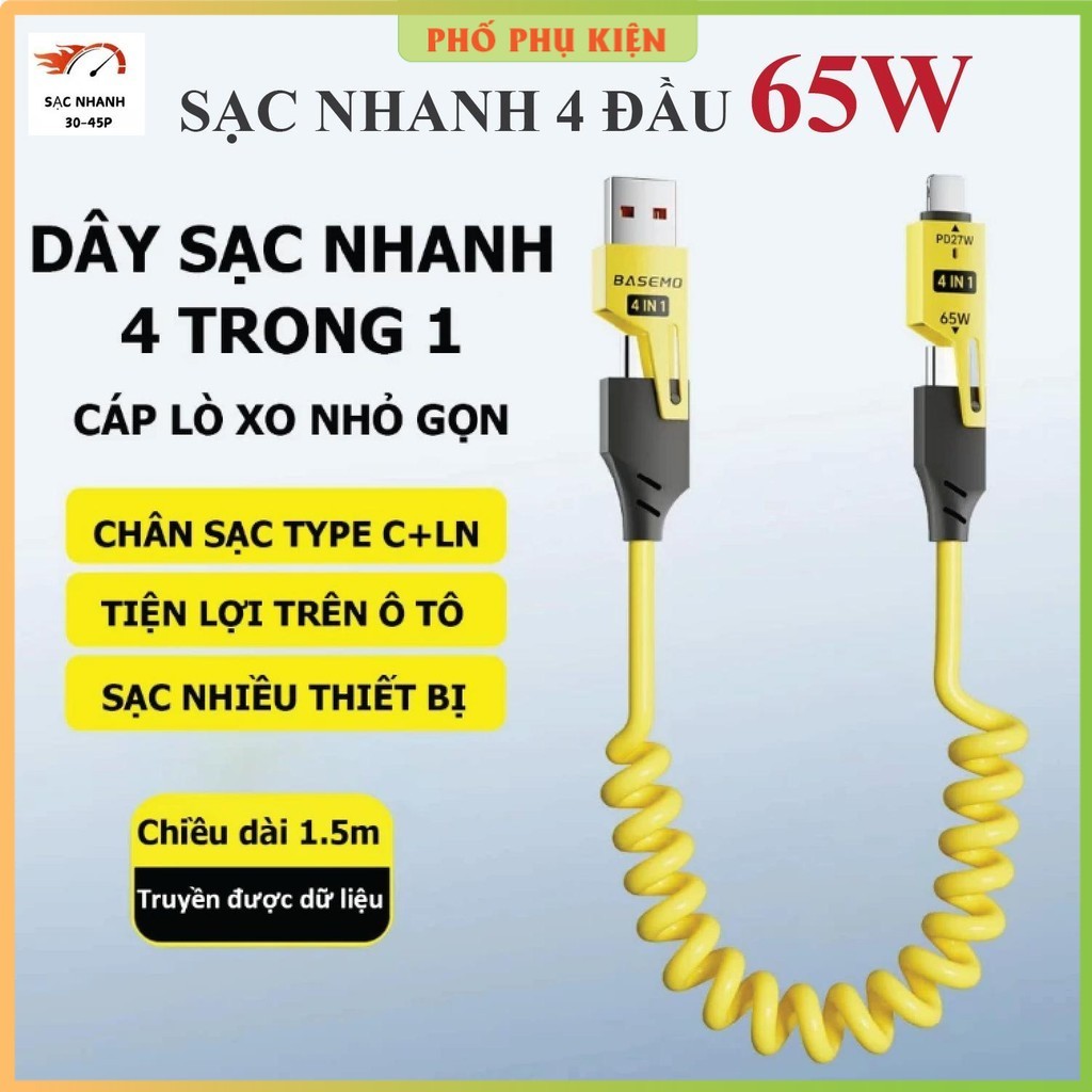 Cáp sạc 4 in 1, Dây sạc nhanh 4 đầu 65W. Cáp sạc lò xo đầu cáp kim loại. Dây sạc điện thoại, Dây sạc