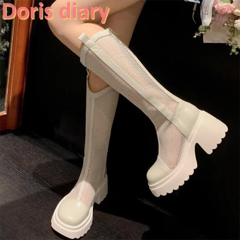 Giày bốt dài rỗng lưới ống cao thoáng khí giày bốt lưới đế dày tăng chiều cao giày bốt nữ thời trang mới