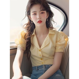  Pháp Ngỗng Màu Vàng Puff Áo Sơ Mi Nữ Phong Cách Mới Mùa Hè Độc Đáo Áo Sơ Mi Nhỏ Voan 