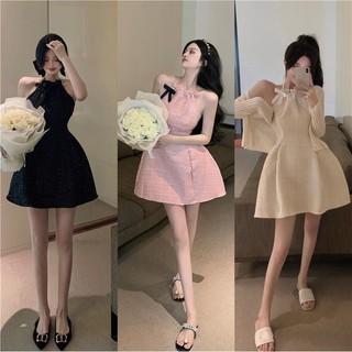 Váy Liền Dây Cổ Phong Cách Váy Ngắn Chữ A Khí Chất Bó Eo Hot Girl Cao Cấp Màu Đen Nơ Bướm Mùa Hè