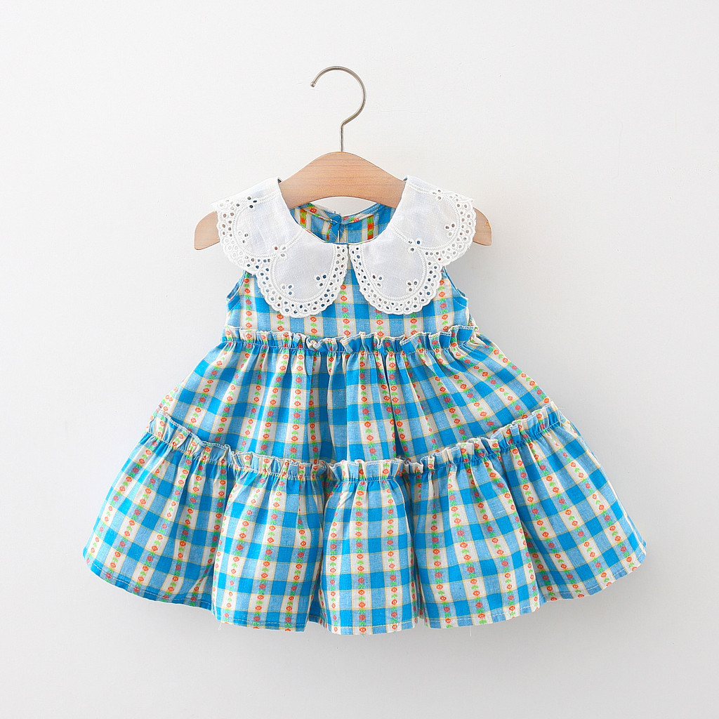 Quần Áo Cho Bé Gái Ren Búp Bê Cổ Xanh Kẻ Sọc Cotton Đầm Trẻ Em Quà Tặng Sinh Nhật