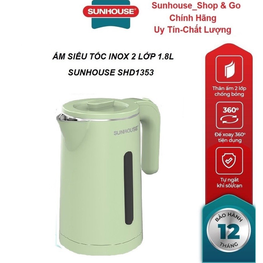 ẤM SIÊU TỐC INOX 2 LỚP 1.8L SUNHOUSE SHD1353_Chính hãng ( Đáy liền khối )