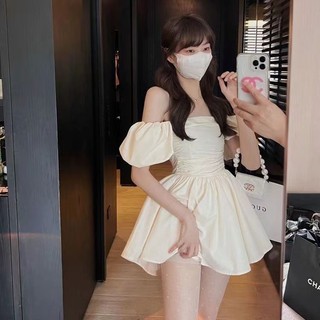 Váy Liền Tay Phồng Kiểu Pháp Hai Kiểu Trong Sáng, Váy Ngắn Bồng Eo Trễ Vai Ngày Lễ Nhỏ Mùa Hè