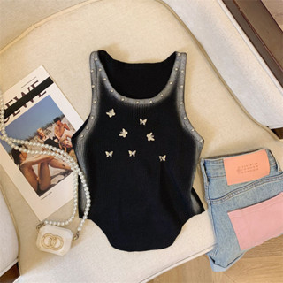 Bướm Camisole Nữ Mùa Hè Hot Girl Đinh Tán Dệt Kim Đáy Áo Sơ Mi Ngọt Nóng Ôm Phù Hợp Với Không Tay Top