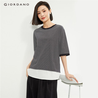GIORDANO Áo Phông Nữ 100% Cotton Sọc Miếng Dán Cường Lực Tee Khuỷu Tay Dài Tay Cổ Tròn Thời Trang Đơn Giản Áo Phông 13324210