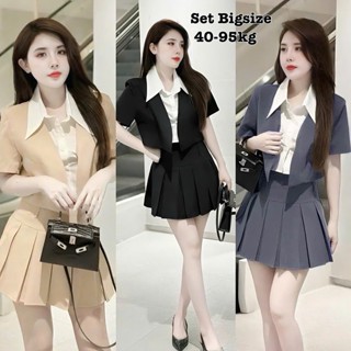 Set Áo Blazer Tay Ngắn Cổ Sơ Mi Trắng Vạt Nhọn Mix Chân Váy Xếp Ly Có Lót Trong Cá Tính Nữ Cao Cấp Xinh Đẹp Rẻ 50-95kg