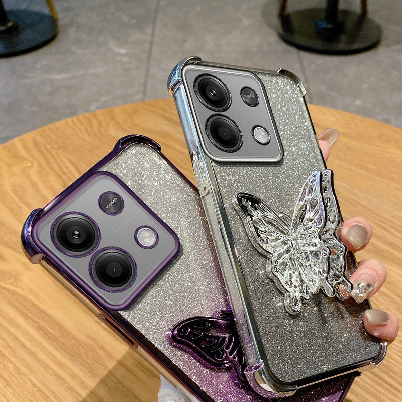 Ốp Lưng Cho Xiaomi Redmi Note 13 Pro 4G 5G Poco M6 Pro 4G Poco X6 Pro 5G K70E K70 Pro Sang Trọng Bốn Góc Chống Rơi Bướm Chân Đế Lấp Lánh Bột Bảo Vệ
