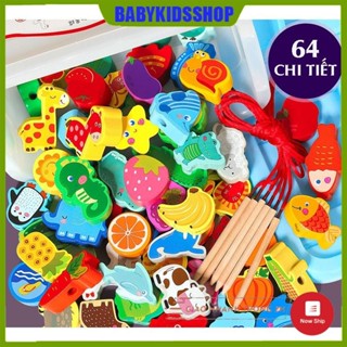 Đồ chơi xâu hạt gỗ 64/75 chi tiết có hộp đựng cho bé phát triển kỹ năng cơ bản