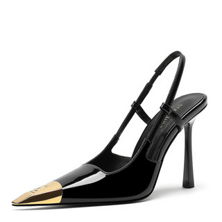 Giày Nữ Cao Gót 8cm / 10cm Bằng Sáng Chế Da Đen Stiletto Nhỏ Ngón Chân Vuông Giày Sandal