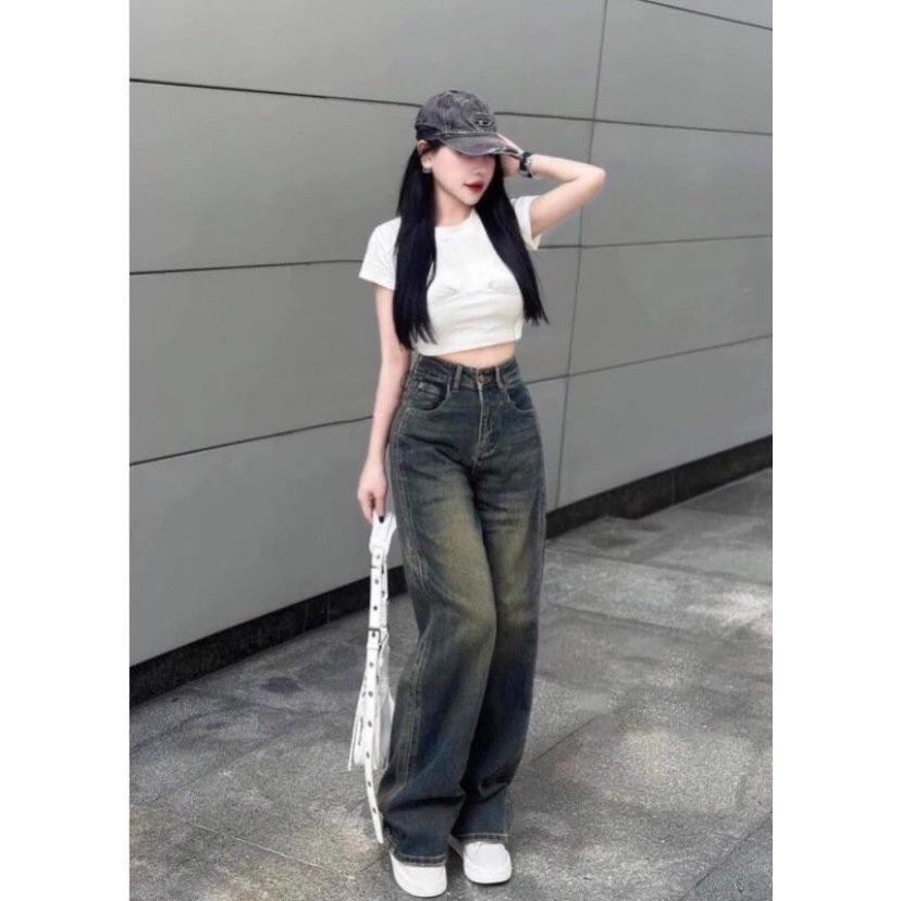 Quần jeans nữ ống rộng may viền chắp thân cực xinh xắn hot trend