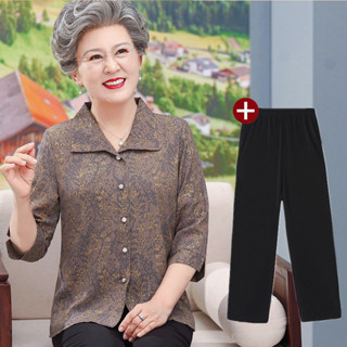 Áo sơ mi nữ mùa xuân cho người trung niên và cao tuổi, Bộ đồ mùa hè cho bà già, quần áo bà già, áo tay Ba phần tư mẹ mỏng