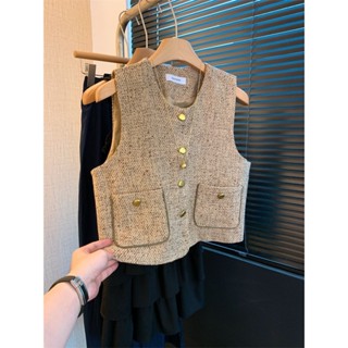 Áo gi lê không tay cổ điển Jiashucheng Áo cardigan mặc nhiều lớp một hàng cúc tôn dáng khí chất kiểu Pháp mùa thu cho nữ