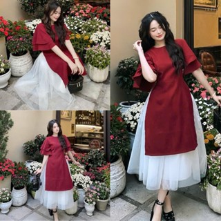 Áo dài cách tân nhung đỏ tay cánh tiên kèm chân váy trắng xoè bồng, Sét áo dài nữ đi dự tiệc đám cưới tết dễ thương, EYE