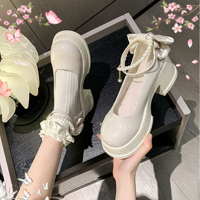 Giày Búp Bê Nữ 7p Mũi Tròn Gót Dày Thiết Kế Khóa Giày lolita đế cao 7cm