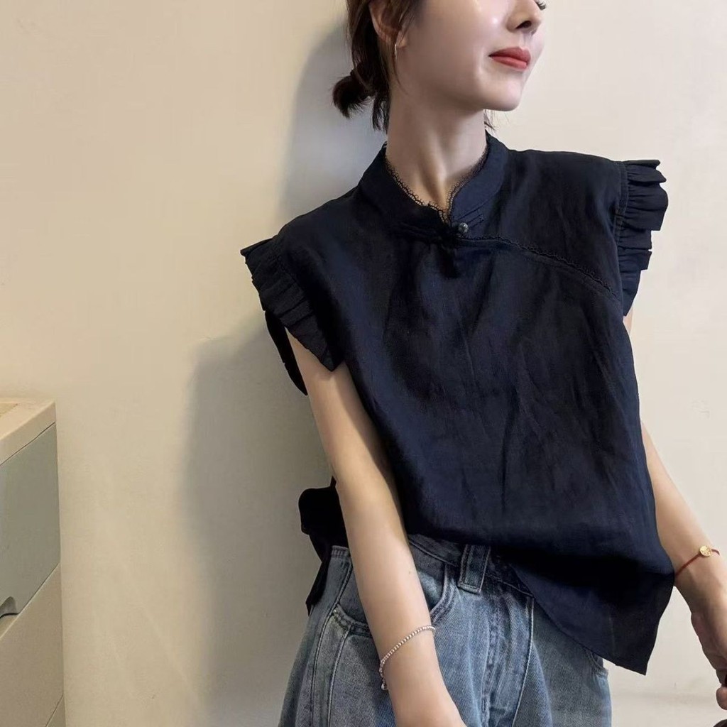 Áo Sơ Mi Tay Ngắn Cho Nữ Mùa Hè Mới Phối Ren Màu Sắc Đồng Nhất Phong Cách Trung Quốc | BigBuy360 - bigbuy360.vn