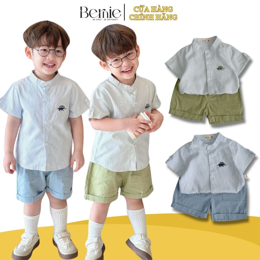 Xả kho - Sét sơ mi caro bé trai cổ tàu thêu khủng long phong cách Hàn Quốc từ 8kg tới 25kg BERNIE 07