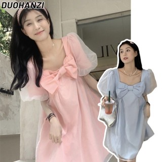 Duohanzi Váy nữ nơ kiểu Pháp có eo thon gọn và tay phồng tay áo ngắn