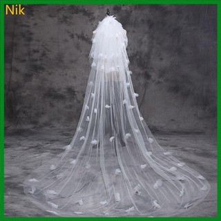Nik Tulle Váy Cưới Viền Lông Tơ Hoa Trắng Cánh Hoa Nhiều Lớp Vành Siêu Dài
