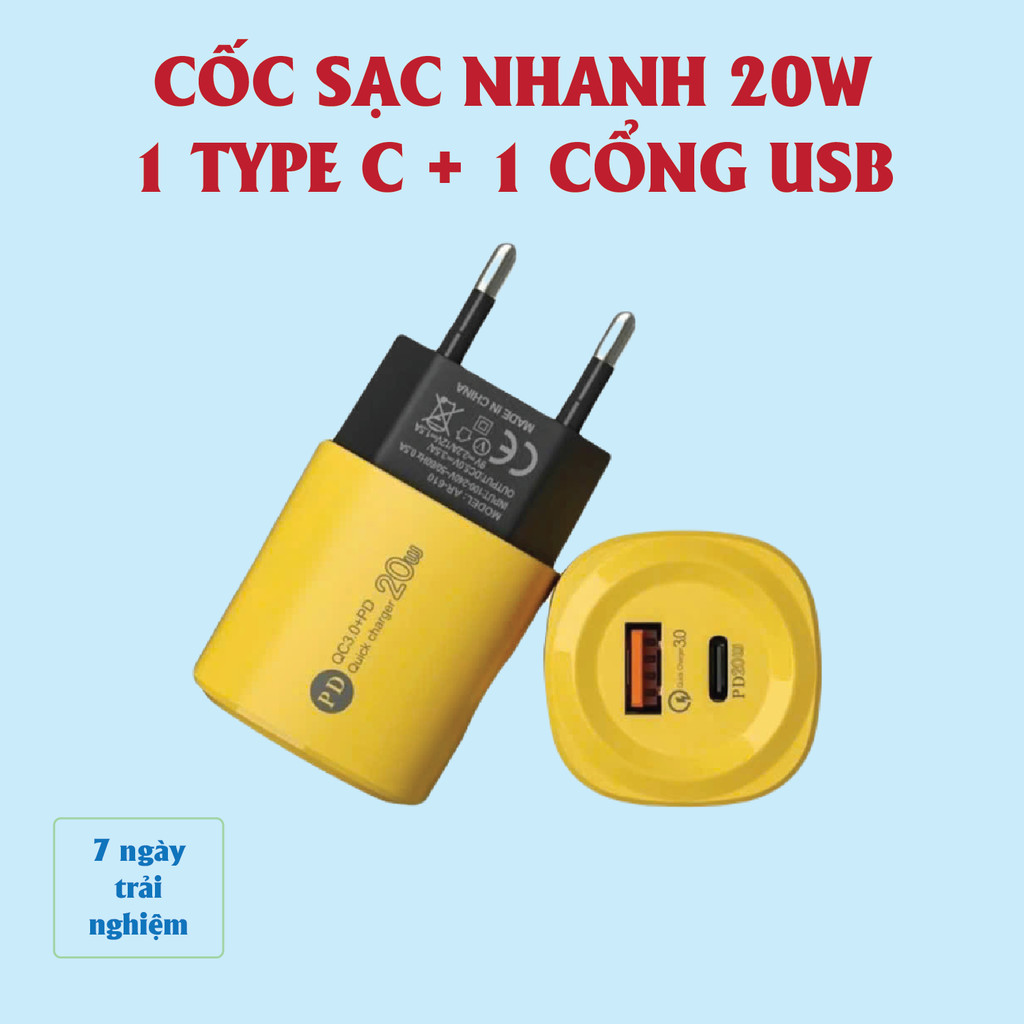Cốc sạc nhanh 2 cổng gồm: 1 cổng Type C + 1 cổng USB, Củ sạc nhanh 2 in 1, Cáp sạc nhanh 4 in 1, Dây
