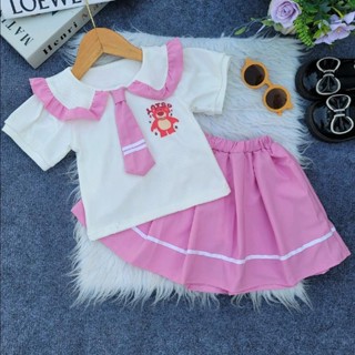 Bộ quần áo , áo tay ngắn  thun gân càvat, chân váy lụa xoè (9kg-32kg)