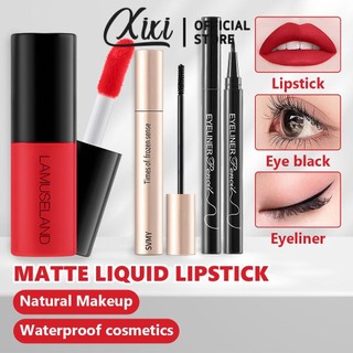  LAMUSELAND Matte Liquid Matte Lock-Color Lip Glaze + Đầu cọ nhỏ uốn Mascara đen + Bút kẻ mắt màu đen chống nhòe Bộ trang điểm lâu trôi không thấm nước