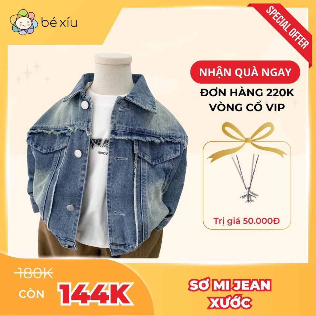 Áo khoác sơ mi jean bé trai chất bò mềm JEAN XƯỚC phong cách Hàn Quốc, thoải mái, cá tính cho bé từ 8-25Kg BÉ XÍU A140