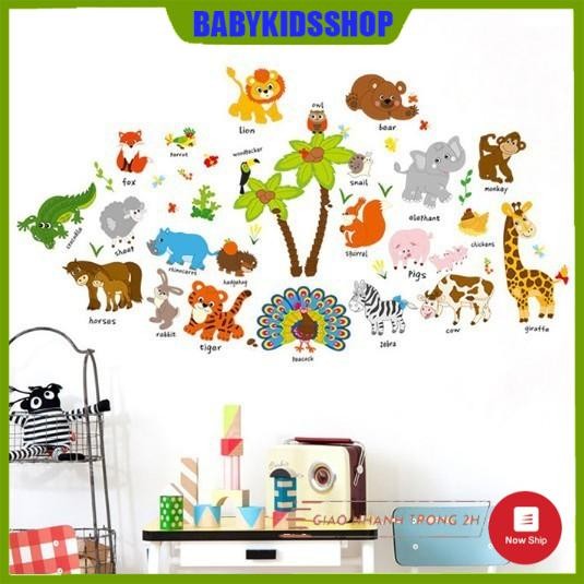 Decal dán tường vườn thú tiếng Anh 2 (2 cây dừa)