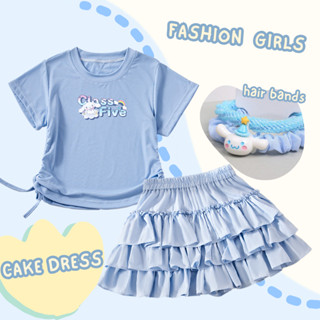 Cinnamoroll Bé Gái Trang Phục Thời Trang Mùa Hè In Hình Hoạt Hình Dễ Thương Vẽ Áo Phông Đa Năng Bánh Váy Sanrio Phụ Kiện Tóc Bộ Ba Mảnh