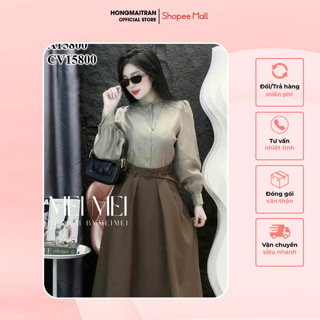  Set đồ nữ thanh lịch áo sơ mi tơ phối chân váy xòe dáng dài cực sang chảnh HONG MAI TRAN ST15800 