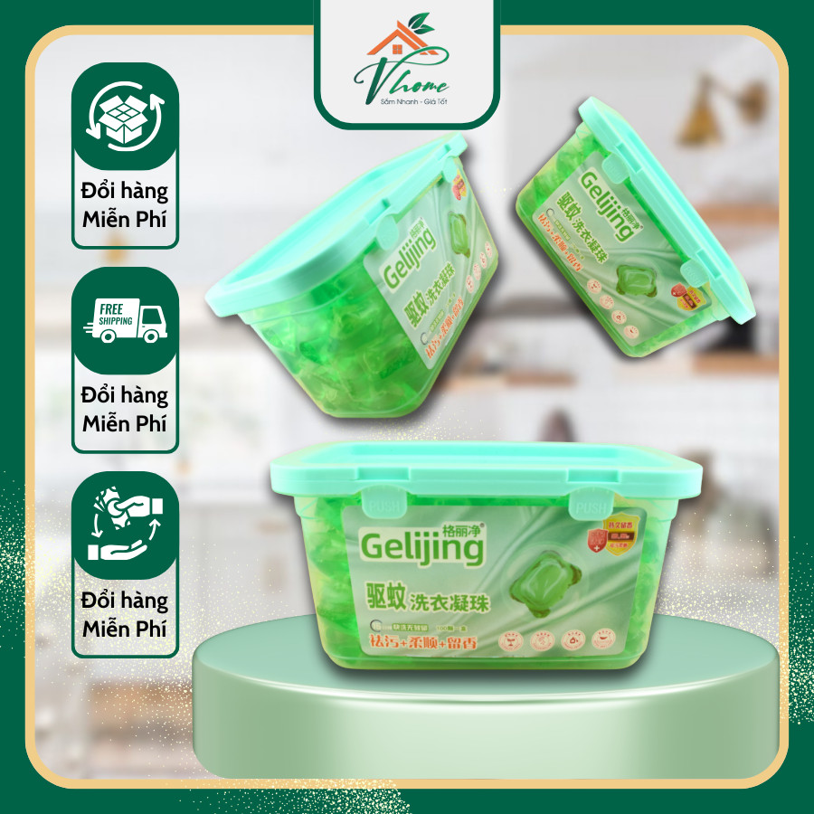 Hộp 100 Viên Nước Giặt  Xả GELIJING Nước Giặt Xả Siêu Thơm Và Sạch Áo Quần Dạng Nước 5 Mùi Thơ VHome