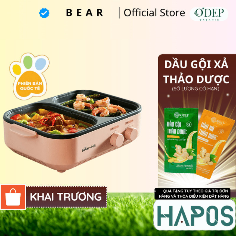 Bếp Lẩu Nướng Điện 2 Ngăn Đa Năng Mini 2 trong 1 Bear DKL-C12D1 - Hàng chính hãng - HAPOS HOF