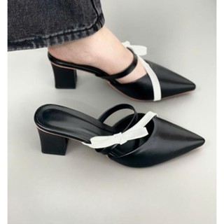  Giày Sục Nữ Gắn Dây Nơ Cao Gót 7 cm Kiểu Dáng Tiểu Thư Xinh Xắn CG-0731  MÀU ĐEN TRẮNG KEM 