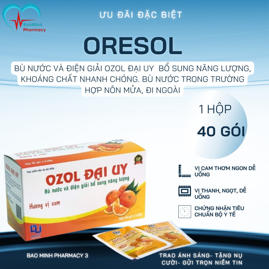 Bù nước và điện giải Ozol Đại Uy (hộp 40 gói cam 5,58g) bổ sung năng lượng, khoáng chất nhanh chóng