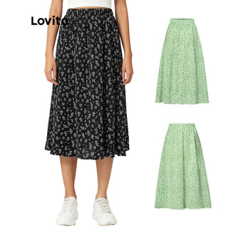 Lovito Giản dị Ditsy Floral A-line Thun eo Chân váy Midi L21AS032 (Đen)