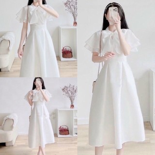 Váy công chúa đính nơ tay bèo cánh tiên chất voan dáng dài màu trắng, Đầm dự tiệc dáng xòe cổ nơ đi chơi kỷ yếu XUYXUY
