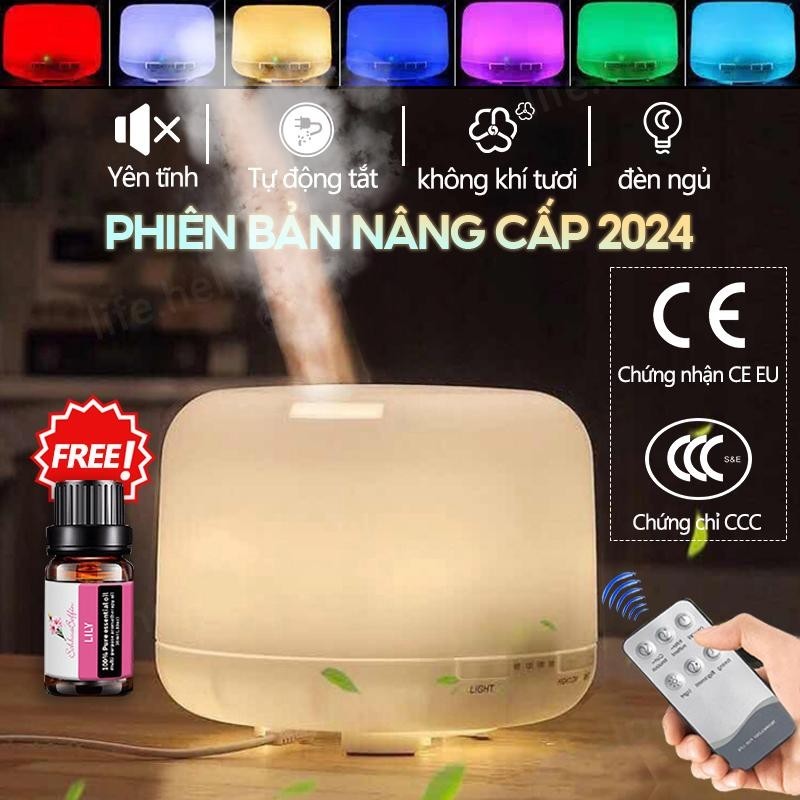 BH 7 tháng✅ Máy phun sương tạo ẩm, khuếch tán tinh dầu Trụ Trong, dung tích 550ML, đèn led 7 màu, có điều khiển