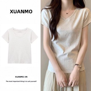 XUANMO Local brand Áo baby tee Áo Thun ôm body Áo y2k 100% cotton Áo phông ngắn tay vai cổ chữ V dễ phối tôn dáng tôn dáng mùa hè cho nữ áo phông mẫu mỏng phong cách Hàn Quốc