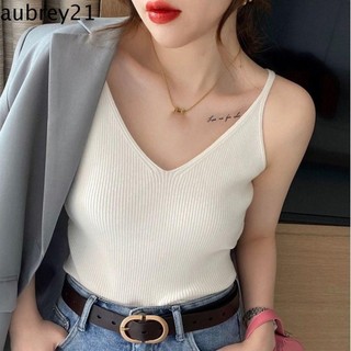 Áo hai dây dệt kim sườn dành cho nữ AUBREY, Dây đeo Spaghetti không lưng màu trơn, Áo thun mùa hè thoáng khí không tay Slim Crop Top Party