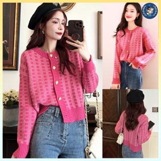 [A233] Áo KHOÁC len nữ dệt kim Cardigan KẺ CARO HỒNG phối nút vàng hàng Quảng Châu xinh xắn - L2M
