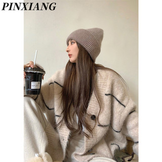 Pinxiang Áo len nữ thiết kế cảm giác thích hợp áo len cardigan cổ chữ V sọc hàng đầu