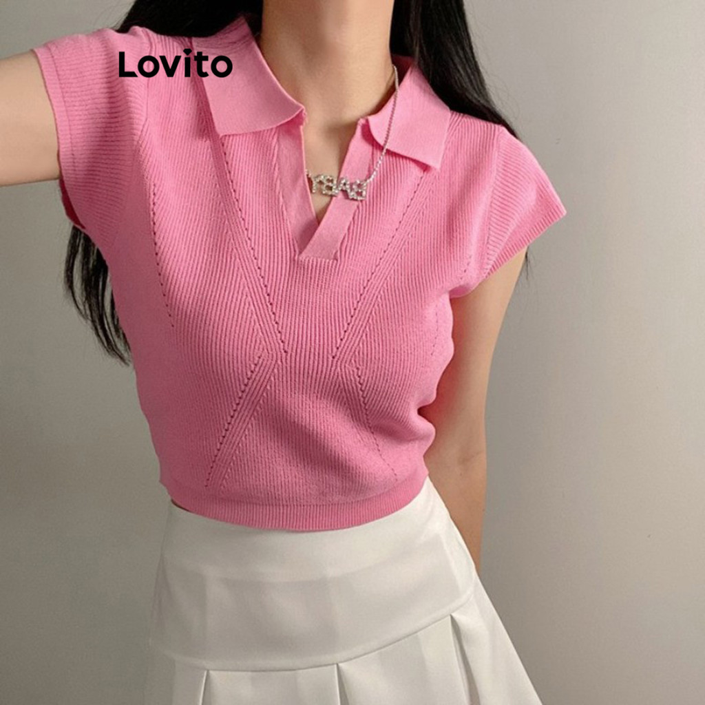 Áo dệt kim Lovito màu trơn sọc gân phong cách thường ngày cho nữ LNL36069 (Trắng/Hồng/Xanh lá/Đen)