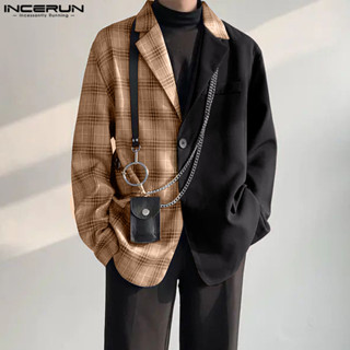  Incerun Nam Thời Trang Hàn Quốc Kẻ Sọc Chắp Vá Áo Cardigan Dài Tay Áo Blazer 