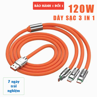 Cáp Sạc Nhanh 3 Đầu 120W Dài 1.2m. Cáp sạc hợp kim kẽm, có đèn LED, siêu bền, Dây sạc 3 in 1, Dây Sạc 3 Trong 1