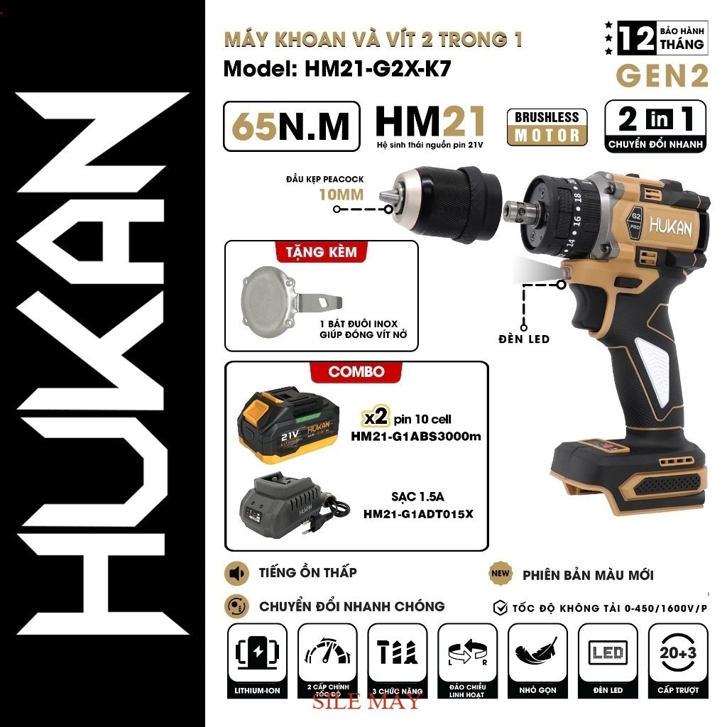 Máy khoan pin kèm bắn vít HUKAN HM21-G2X-K7, Không Chổi Than, 3 Chức Năng, , 10mm, SILE