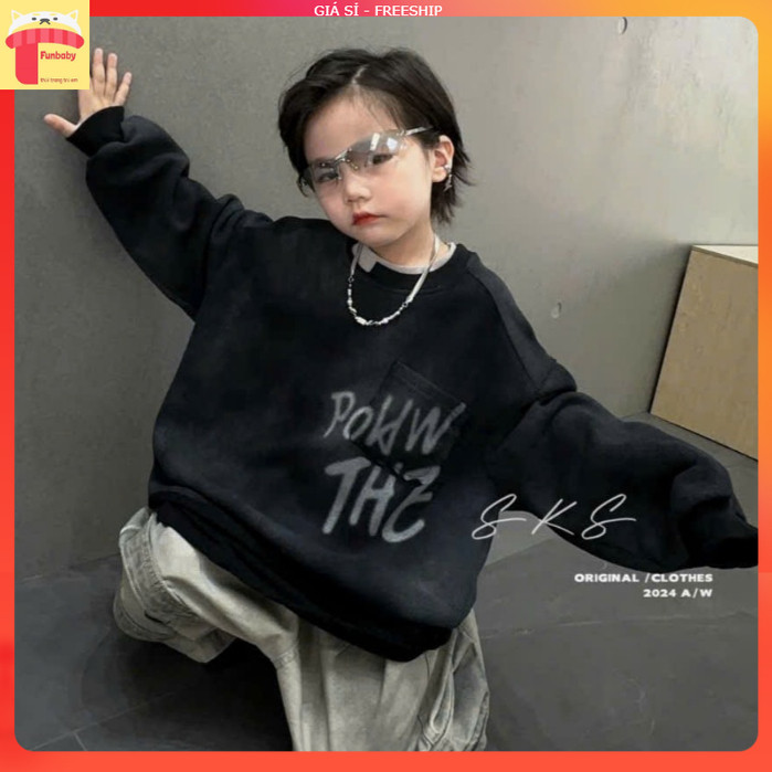 Áo nỉ bé trai sành điệu 6-14 tuổi loang in chữ POKI rách gấu kiểu dáng khỏe khoắn thời trang