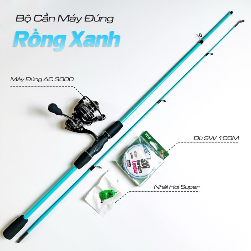 Bộ Combo Cần Câu Lure Rồng Xanh(Sasuke Xanh Ngọc) Máy Đứng Deukio AC 3000-Combo Cần Câu Giá Rẻ 1m65 