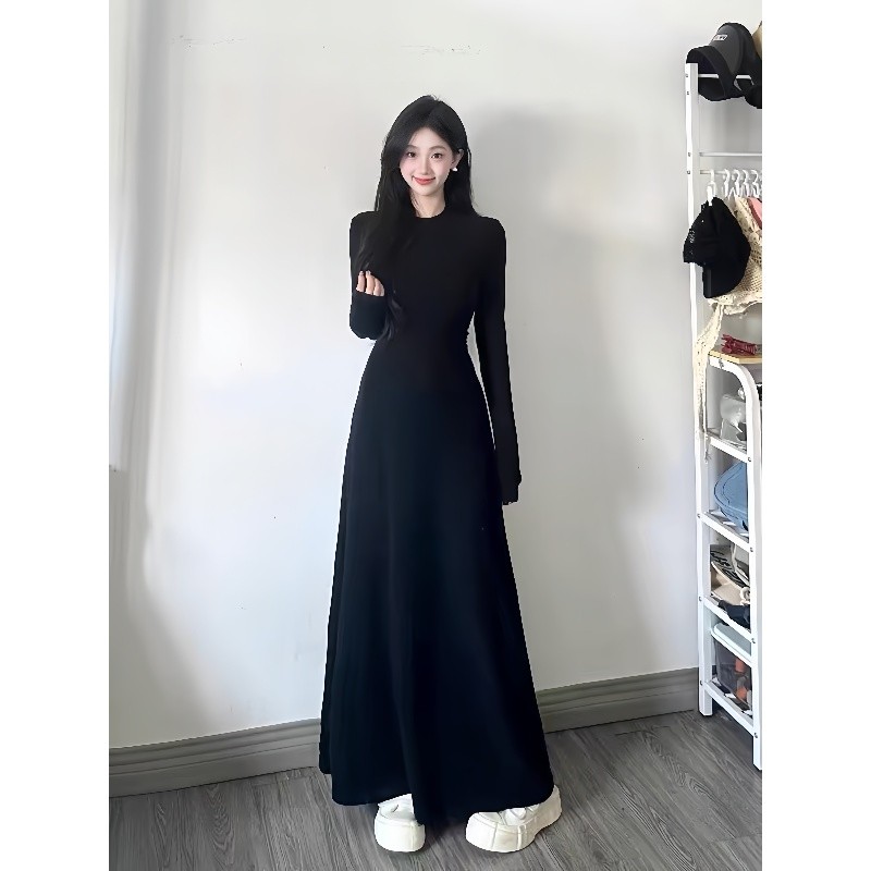 Đầm body dáng dài Váy đen dài tay mùa đông Váy liền dài tay màu đen váy dài kiểu Pháp mẫu đầu thu cho nữ | BigBuy360 - bigbuy360.vn